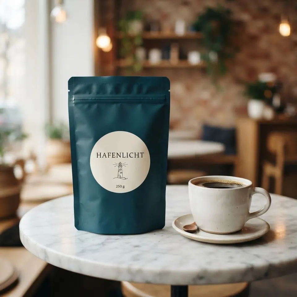 KI-erzeugtes Produktfoto: Kaffeepackung Hafenlicht auf einem Marmortisch neben einer Tasse schwarzem Kaffee.