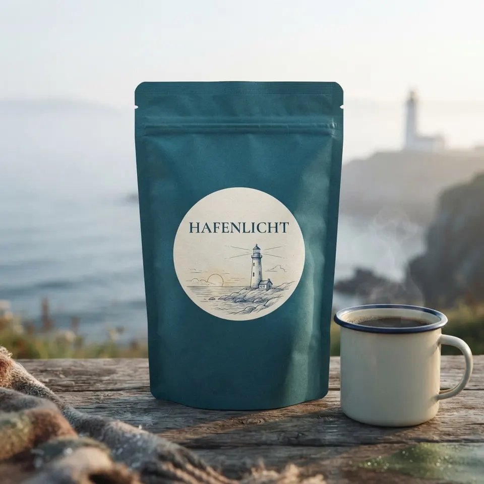 KI-erzeugtes Produktfoto: Kaffeepackung Hafenlicht auf einem Felsen am Meer mit Emaillebecher, im Hintergrund ein Leuchtturm.