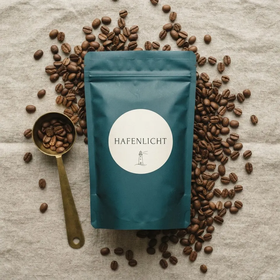 KI-erzeugtes Produktfoto von oben: Kaffeepackung Hafenlicht auf Leinen, umgeben von Kaffeebohnen und einem Messinglöffel.