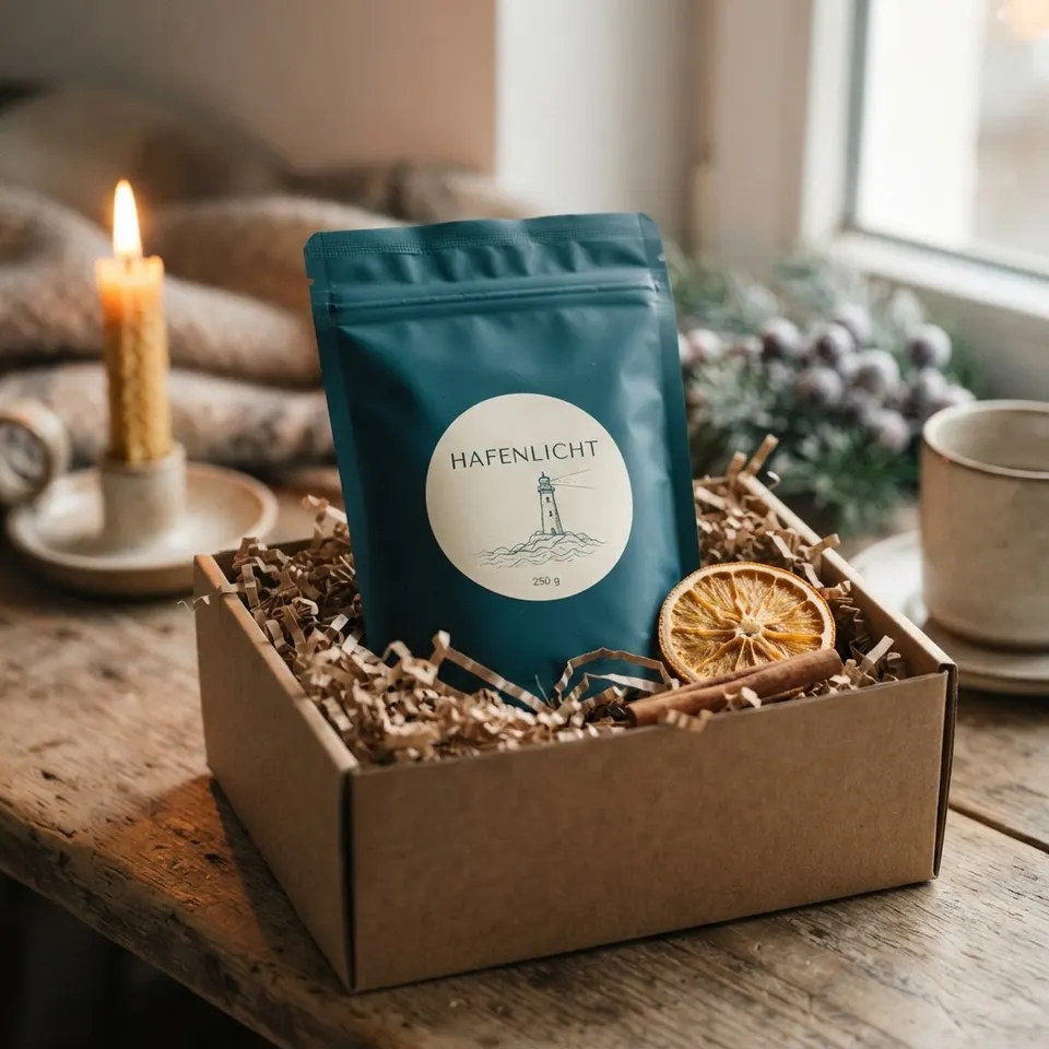 KI-erzeugtes Produktfoto: Kaffeepackung Hafenlicht in einer Geschenkbox aus Kraftpapier mit getrockneter Orangenscheibe und Kerze.