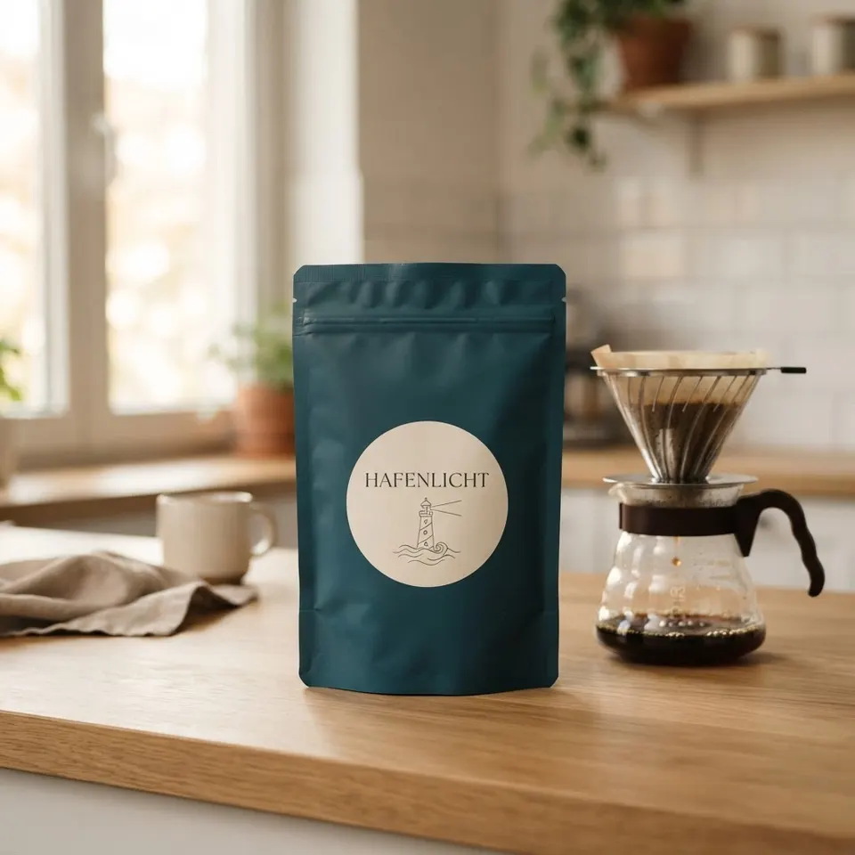 KI-erzeugtes Produktfoto: petrolfarbene Kaffeepackung Hafenlicht auf einer Küchenarbeitsplatte neben einem Handfilter, Morgenlicht.