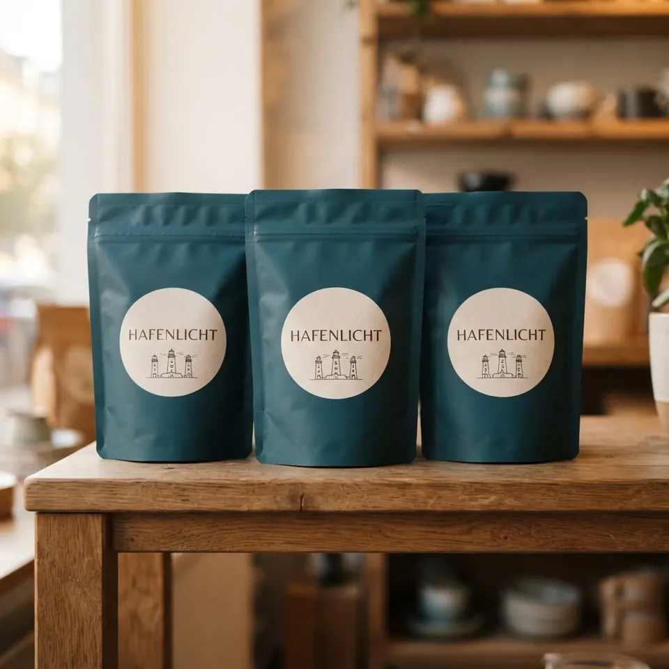 KI-erzeugtes Produktfoto: drei Kaffeepackungen Hafenlicht nebeneinander in einem Holzregal.