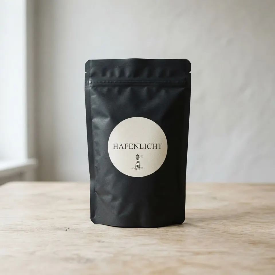 KI-erzeugtes Produktfoto: schwarze Kaffeepackung Hafenlicht auf hellem Holztisch vor grauer Wand.