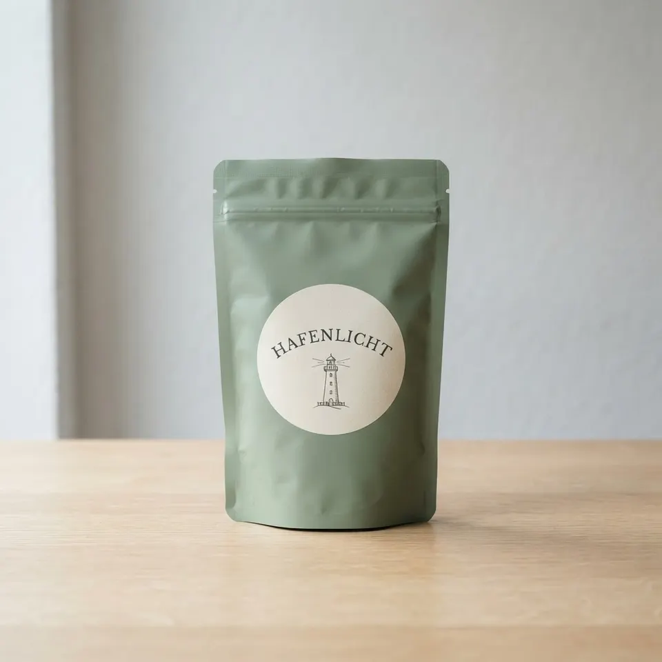 KI-erzeugtes Produktfoto: salbeigrüne Kaffeepackung Hafenlicht auf hellem Holztisch vor grauer Wand.