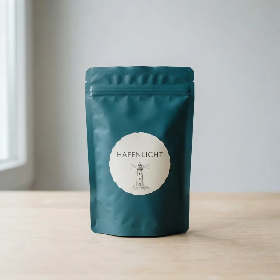 KI-erzeugtes Produktfoto: petrolfarbene Kaffeepackung Hafenlicht auf hellem Holztisch vor grauer Wand.
