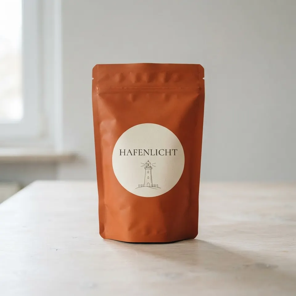 KI-erzeugtes Produktfoto: rostrote Kaffeepackung Hafenlicht auf hellem Holztisch vor grauer Wand.