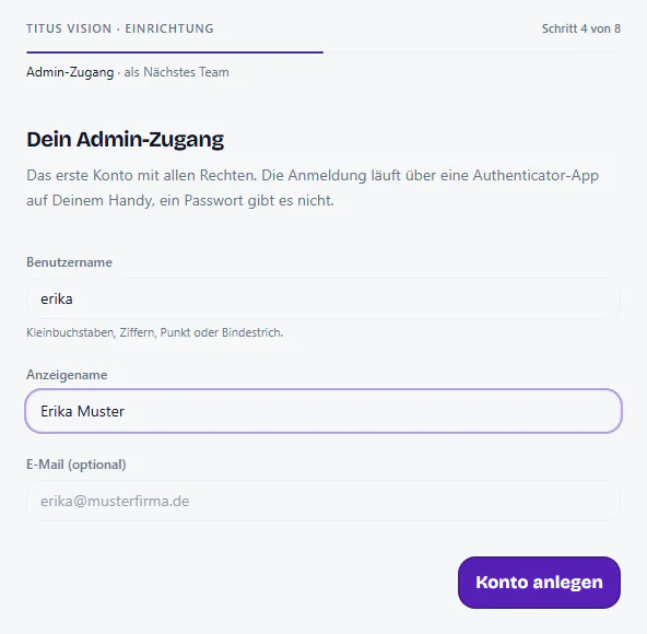 Einrichtung, Schritt 4: Admin-Zugang mit Benutzername, Anzeigename und optionaler E-Mail.